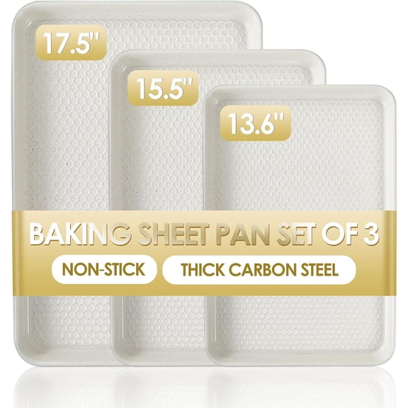 Baking Sheet Pan Set of 3, Nonstick Carbon Steel Cookie Sheets with Texture, Commercial Half/Quarter/Jelly Roll Pans Replacement Toaster Oven Tray, Heavy Duty & Easy Clean, White