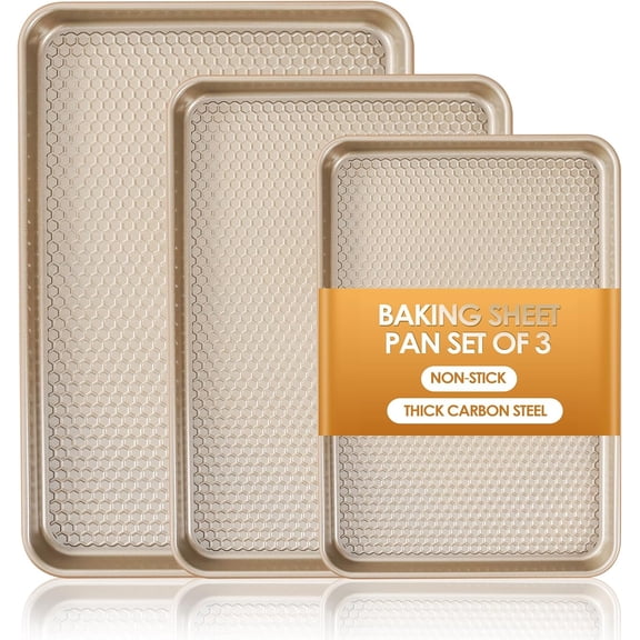 Baking Sheet Pan Set of 3, Nonstick Carbon Steel Cookie Sheets with Texture, Commercial Half/Quarter/Jelly Roll Pans Replacement Toaster Oven Tray, Heavy Duty & Easy Clean, Champagne Gold