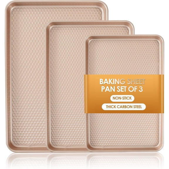 Baking Sheet Pan Set of 3, Nonstick Carbon Steel Cookie Sheets with Texture, Commercial Half/Quarter/Jelly Roll Pans Replacement Toaster Oven Tray, Heavy Duty & Easy Clean, Rose Gold