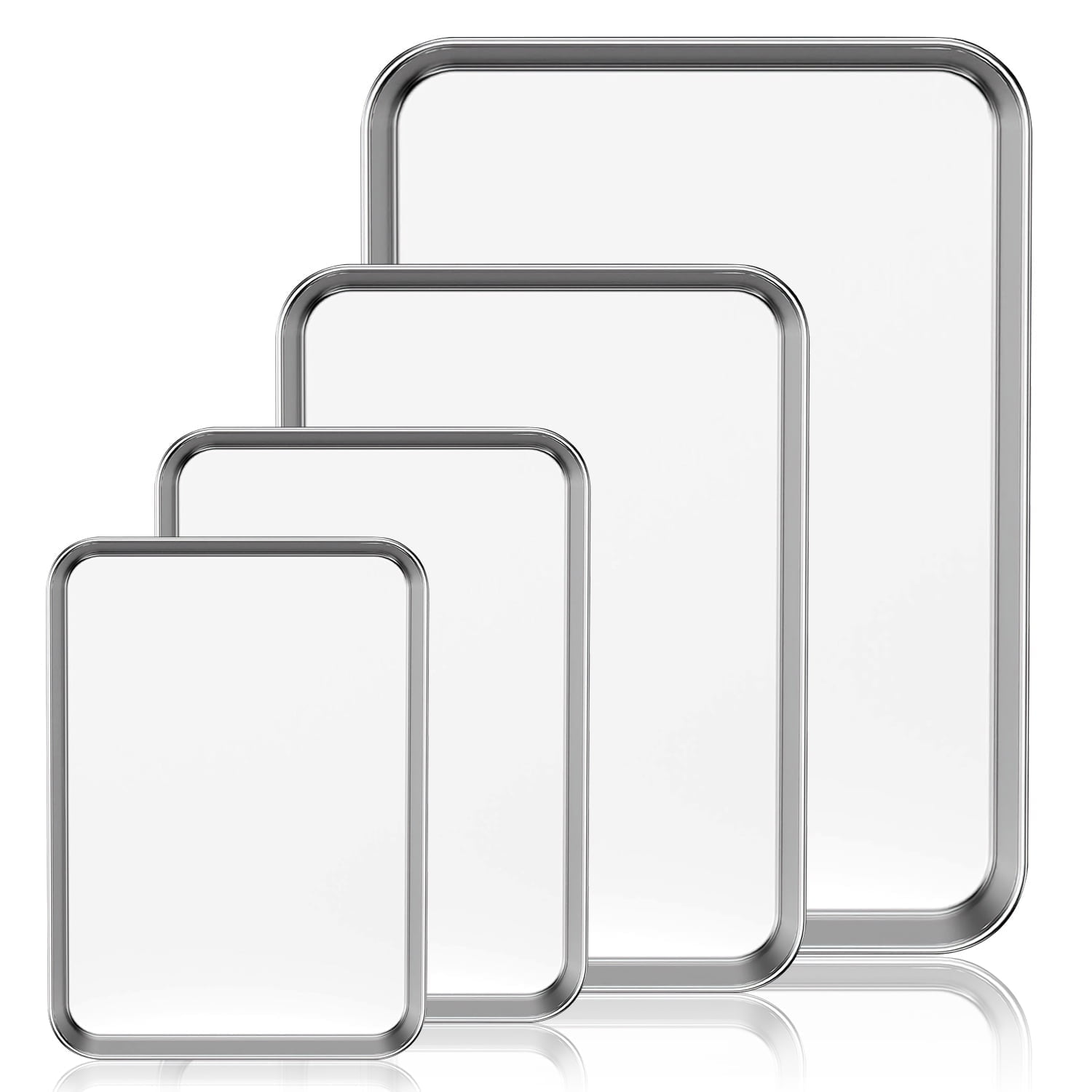 GPED Baking Sheet Pan Set of 4, 16/12/10.5/9.3 Inch, Stainless Steel Cookie Tray Pans Set for Oven, Rectangle Baking Tray for Cooking Roasting, Non Toxic & Easy Clean, Dishwasher Safe