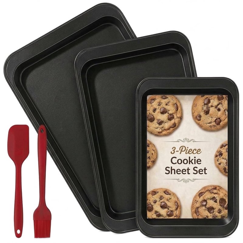 Baking Sheet Pan Set, Nonstick Stackable Multi-Depth Oven Bakeware, Black Rectangle Baking Pans, Rust & Warp Proof, Easy Clean (3-Piece)