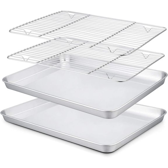 Baking Sheet Pan with Wire Cooling Rack, Set of Stainless Steel Nonstick Cookie Sheets Tray for Baking, Metal Small Mini Bakeware Bacon Pans for Oven, Rustproof & Dishwasher Safe(12.5''x9.8''x1'')