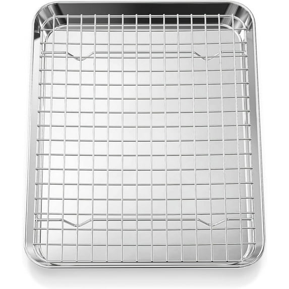 Baking Sheet with Rack (1 Sheet + 1 Rack), Stainless Steel Cookie Sheet for Baking with Cooling Rack, Baking Pan Toast Oven Tray Size 12.5x 8 x 1 Inch, Non-toxic & Heavy Duty & Non-stick