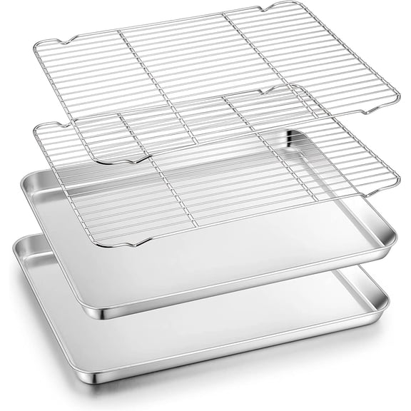 Baking Sheet with Rack, 17.6 x 13 x 1 inch Stainless Steel Baking Pan Cookie Sheet Set with Cooling Rack for Baking/Roasting/Cooling, Non-Toxic & Heavy Duty, Dishwasher Safe - Set of 4