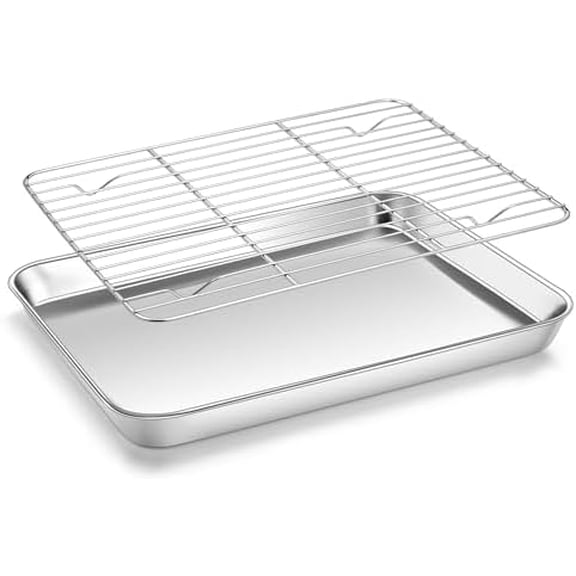 Baking Sheet with Rack, 9x13 Stainless Steel Quarter Sheet Pan with Wire Cooling Rack Set for Toaster Oven Roasting, Metal Bacon Cookie Trays Nonstick & Rust Free, Dishwasher Safe