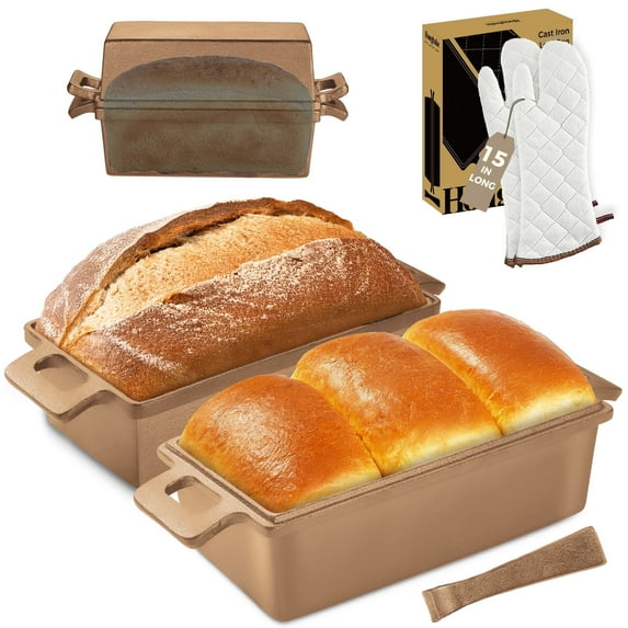 HONGBAKE 2 in 1 Cast Iron Bread Pan with oven mitts, Lid, Lid Lever, 9x5 Loaf Pans for Homemade Bread, Sourdough Baking Pan, Pre-Seasoned Nonstick Rectangular Dutch Oven, Banana Bread Tins, Gold