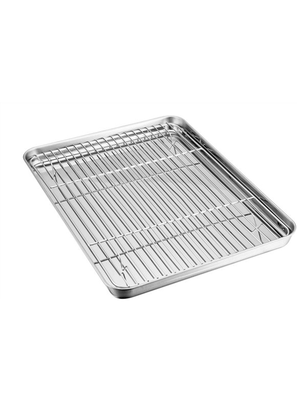 Baking Sheet with Rack Set [1 Sheet + 1 Rack], Stainless Steel Cookie Pan Baking Tray with Cooling Rack, Non Toxic & Heavy Duty & Easy Clean (16 x 12 x 1 inch) For Christmas, Thanksgiving