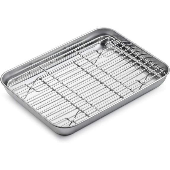 Baking Sheet with Rack Set (1 Pan + 1 Rack), Trianu Stainless Steel Cookie Sheet with Cooling Rack, Nonstick Baking Pan, Warp Resistant & Heavy Duty & Rust Free, 10.2 x 7.8 x 1 inches