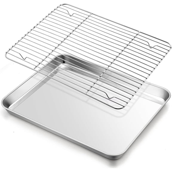 Baking Sheet with Rack Set, 16x12 Stainless Steel Cookie Sheet Pan for Oven, Rimmed Metal Tray with Wire Cooling Rack for Cooking Roasting Resting Bacon Meat Steak - Dishwasher Safe