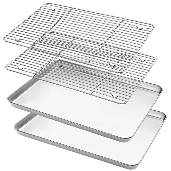 Baking Sheet with Rack Set (2 Pans + 2 Racks), 16” x 12” x 1” Stainless Steel Baking Pan Tray with Cooling Rack, Nonstick Cookie Sheet, Warp Resistant & Heavy Duty & Rust Free