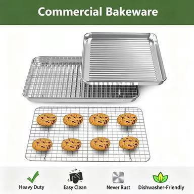 Baking Sheet with Rack Set (2 Pans + 2 Racks), Stainless Steel Cookie Sheet with Cooling Rack, Nonstick Baking Pan, Warp Resistant & Heavy Duty & Rust Free, Size 16 x 12 x 1 Inches