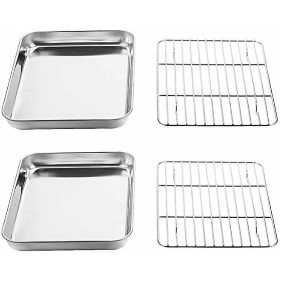 Baking Sheet with Rack Set [2 Sheets + 2 Racks], Stainless Steel Cookie Pan baking Tray with Cooling Rack, Size 9 x 7 x 1 Inch, Non Toxic & Heavy Duty & Easy Clean