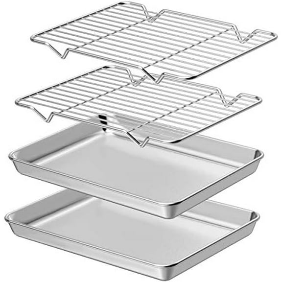 Baking Sheet with Rack Set [2 Sheets + 2 Racks], Stainless Steel Cookie Pan baking Tray with Cooling Rack, Size 9 x 7 x 1 Inch, Non Toxic & Heavy Duty & Easy Clean