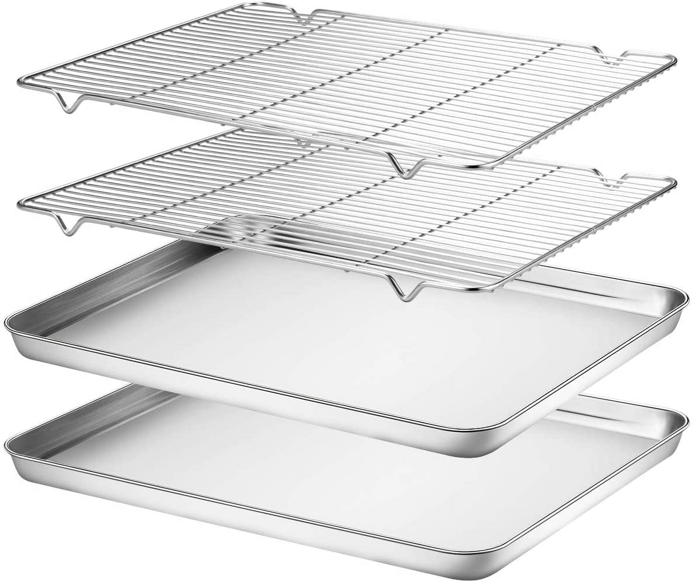 Baking Sheet & Rack Set [2 Sheets + 2 Racks], Stainless Steel Cookie Pan with Cooling Rack, Size 16 x 12 1 Inch, Non Toxic Heavy Duty Easy Clean