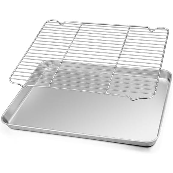 Baking Sheet with Rack Set, Stainless Steel Baking Pan Cookie Sheet with Cooling Rack, Size 17.6 x 13 x 1inch, Non Toxic & Heavy Duty, Easy Clean & Dishwasher Safe