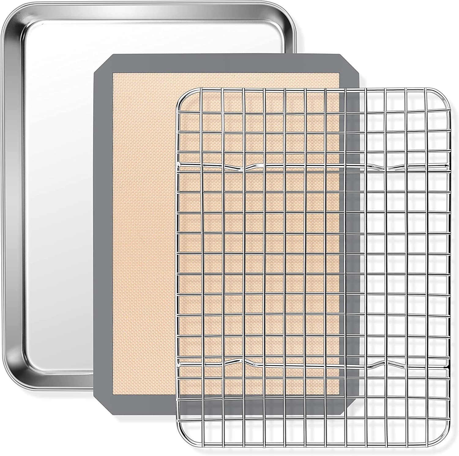 Baking Sheet with Rack & Silicone Mat Set,12.4”x9.7” Stainless Steel