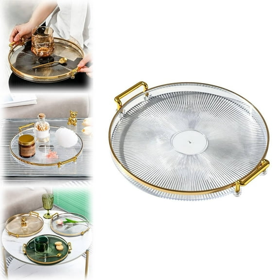 Baking Sheet,Round Serving Tray Plastic Tray With Handles Decorative Platter For Coffee Table Breakfast Drinks Snack Fruit Gold