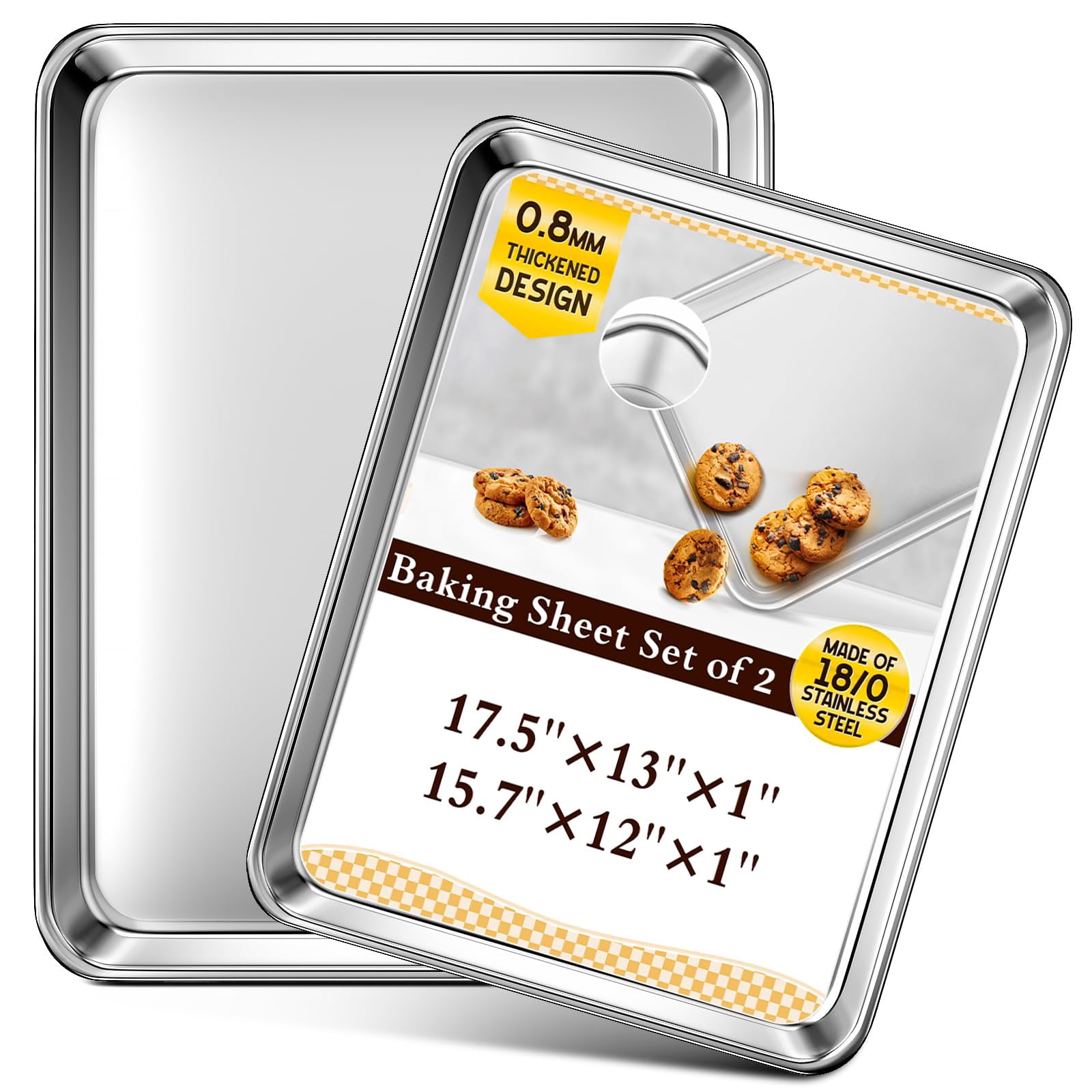 Baking Sheet Set Of 2  Commercial Grade Stainless Steel Cookie Sheets For 17.5''x13'' / 15.7''x12'' Thicker And Firmer Pans Rust & Warp Resistant Nonstick Heavy Duty