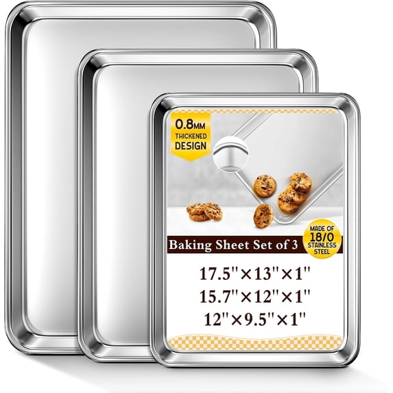 Baking Sheet Set of 3, Commercial Grade Stainless Steel Cookie Sheets ...