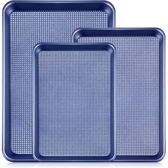 Baking Sheet Set of 3, Cookie Sheets For Baking with Square Texture Pattern, Thicker Carbon Steel Non-stick Baking Pan Half/Quarter/Jelly Roll Pans Tray for Oven-Blue