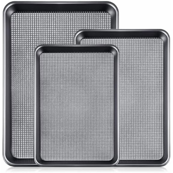 Baking Sheet Set of 3, Cookie Sheets For Baking with Square Texture Pattern, Thicker Carbon Steel Non-stick Baking Pan Half/Quarter/Jelly Roll Pans Tray for Oven-Grey