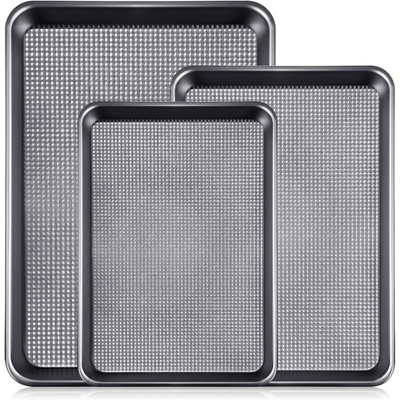 Baking Sheet Set of 3, Cookie Sheets For Baking with Square Texture Pattern, Thicker Carbon Steel Non-stick Baking Pan Half/Quarter/Jelly Roll Pans Tray for Oven-Grey