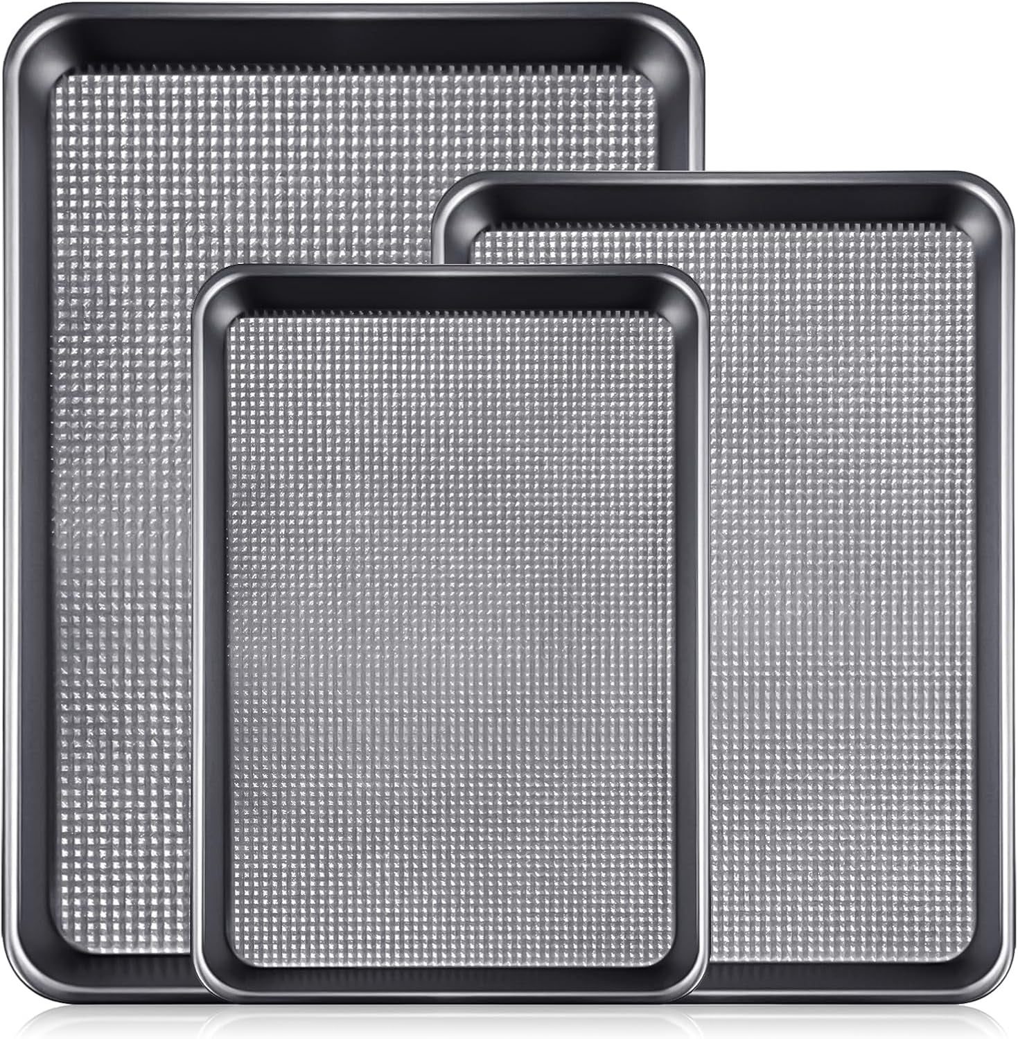 Baking Sheet Set of 3, Cookie Sheets For Baking with Square Texture Pattern, Thicker Carbon Steel Non-stick Baking Pan Half/Quarter/Jelly Roll Pans Tray for Oven