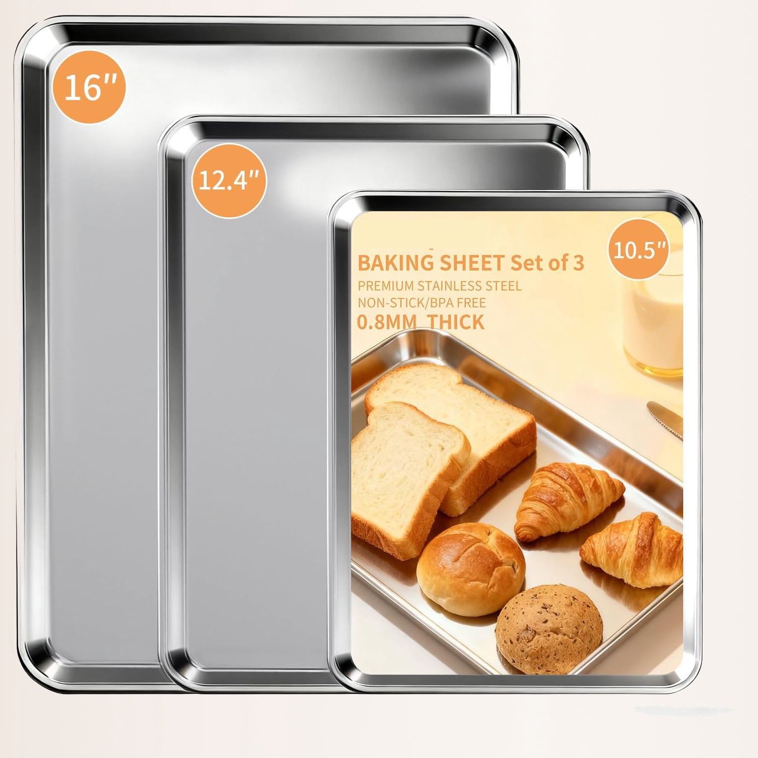 Baking Sheet Set of 3, Stainless Steel Cookie Sheets Pan, 10.5/12.4/16 Inch, Thicker and Firmer Pans Set, Non-stick, Non toxic & Heavy Duty Easy Clean，Dishwasher Safe