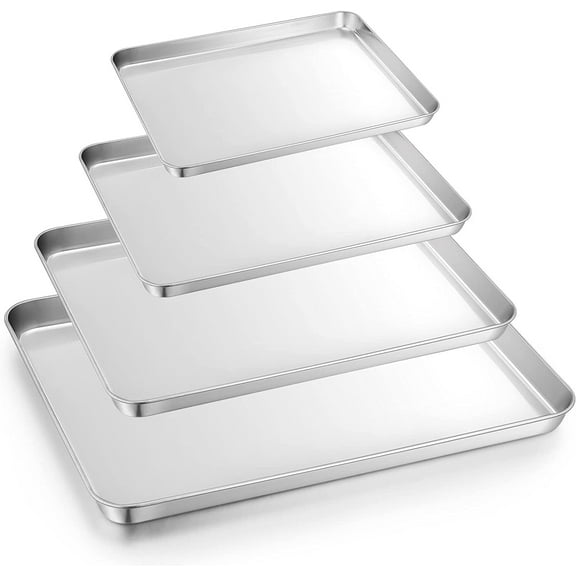 Baking Sheet Set of 4,Stainless Steel Baking Pan Cookie Sheet for Baking and Roasting,Rectangle Size 9.3 & 10.4 & 12.5 & 16inch,Mirror Finish & Heavy Duty, Oven-Safe By Casewin