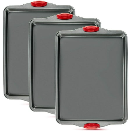 Baking Sheet Set Nonstick, 3-Piece by Boxiki Kitchen | Non-Stick Steel Commercial Bakers Sheet Pans | Cookie Baking Molds With Silicone Handles