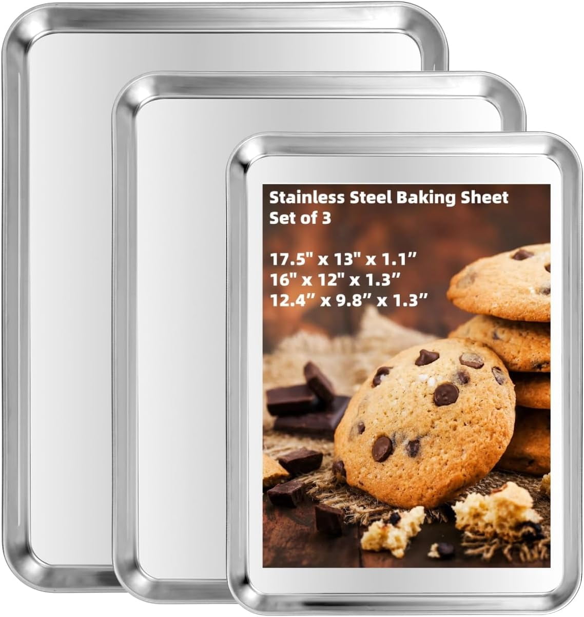 Baking Sheet Set of 3, Heavy-Duty Stainless-Steel Pans, Cookie Sheets Cooking Trays for Oven, 3 Different Sizes (12/16/17.5 Inch)