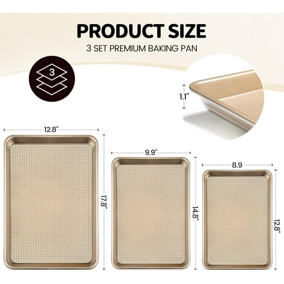 Baking Sheet Set of 3 with Square Texture, Thick Carbon Steel Non-Stick Cookie Pan for Oven