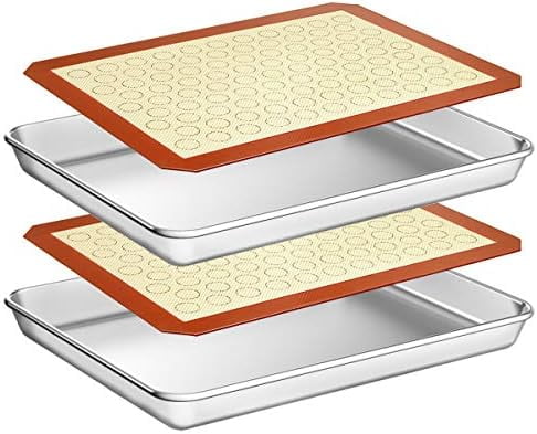 Baking Sheet with Silicone Mat Set, Set of 4 (2 Sheets + 2 Mats),  Stainless Steel Cookie Sheet Baking Pan with Silicone Mat, Size 9 x 7 x 1 inch, Non Toxic & Heavy Duty & Easy Clean