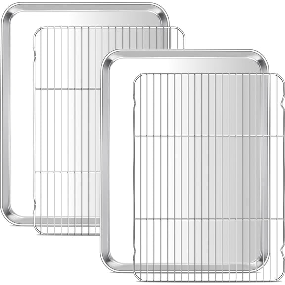Baking Sheet with Wire Rack (2 Pans + 2 Racks), Large Stainless Steel Cookie Sheets Pan & Cooling Rack for Baking Cookies Cake, Non Toxic & Heavy Duty, Oven & Dishwasher Safe, 18 x 13 x 1 Inch