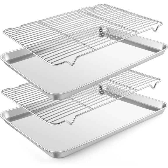 Baking Sheet with Wire Rack (2 Pans + 2 Racks), Large Stainless Steel Cookie Sheets Pan & Cooling Rack for Baking Cookies Cake, Non Toxic & Heavy Duty, Oven & Dishwasher Safe, 18 x 13 x 1 Inch