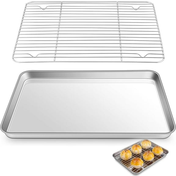 Baking Sheet with Wire Rack for Oven, Stainless Steel Cookie Sheet Cooling Rack Set, 9'' Half Sheet Pan and Cooking Rack, Heavy Duty, Easy Clean Dishwasher