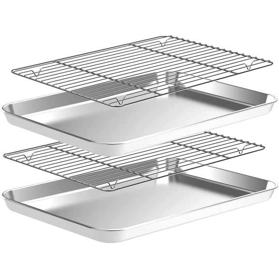 Baking Sheet with Wire Rack Set [2 Quarter Sheet Pans + 2 Wire Racks ], Stainless Steel Cookie Sheets for Baking with Baking Rack, Non Toxic & Heavy Duty & Easy Clean, Size 12 x 10 x 1 Inch