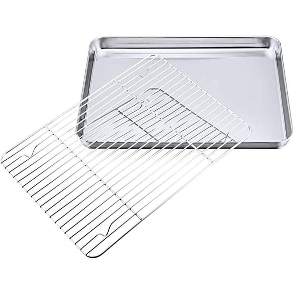 Baking Sheet and Rack Set, Stainless Steel Cookie Sheet Baking Pan with Cooling rack, Rectangle 10.5''x8''x1'', Oven & Dishwasher Safe -Half Size