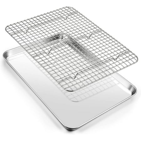 Baking Sheets and Racks Set, 304 Stainless Steel Rectangle Baking Sheet Toast Oven Tray and Cooling Grid Rack for Cookies Meats, Size 16 x 12 x 1 Inch, Non-stick & Dishwasher Safe
