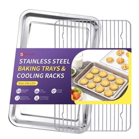 Baking Sheets and Racks Set, Stainless Steel Rectangle Baking Sheet Oven Tray and Cooling Grid Rack for Cookies Meats, Size 16 x 12 x 1 Inch