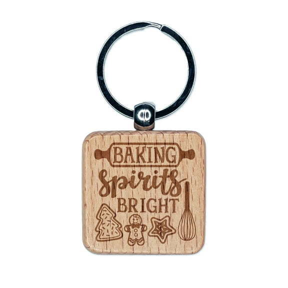 Baking Spirits Bright Christmas Cookies Square Keychain Charm Tag - Engraved Wood