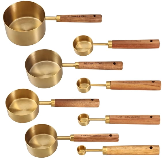 Baking Spoons for Coffee Grounds Spices, Coffee Measuring Cups and Spoons Set 8 Pieces, Scoop Copper Plated Set with Wooden Handle, Nesting Kitchen Tools
