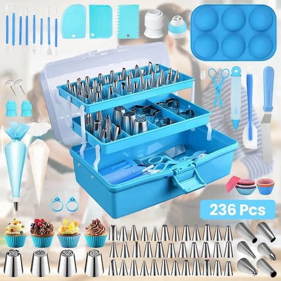 Baking Supplies Set - Cake Decorating Kit with Stainless Steel Tips, Piping Bags, Cookie Molds & More - Beginner - Friendly with Pattern Chart & Storage Box