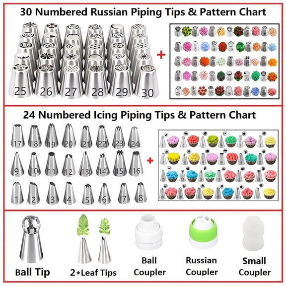 Baking Tool Set 166 Pcs Including Tips, Pastry Bags & Pattern Charts
