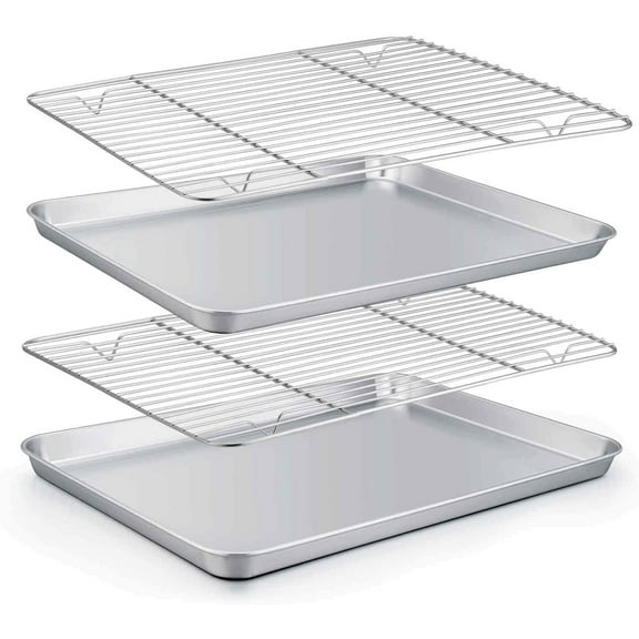 Baking Tray with Rack Set Stainless Steel Baking Pan Cookie Pan Toaster Oven Tray Baking Sheet with Baking Cooling Racks, Non Toxic, Mirror Finish & Dishwasher Safe 10.4Inch (2 Pan + 2 Rack)