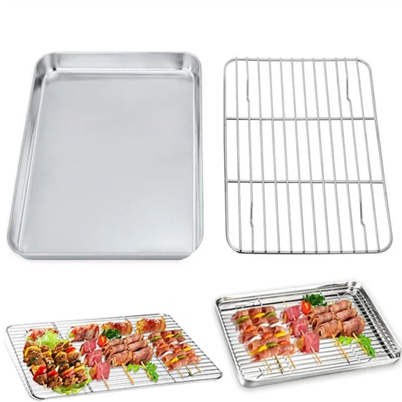 Baking Tray with Rack Set 10x8inch, Stainless Steel Baking Pan Sheet, for Oven, BBQ, Tray, Dishwasher Safe