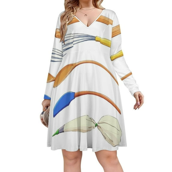 Baking Utensils on Square Magnet Long Sleeve Dresses For Women Vintage Elegant Party Dress Oversized V-neck Dress S-8XL