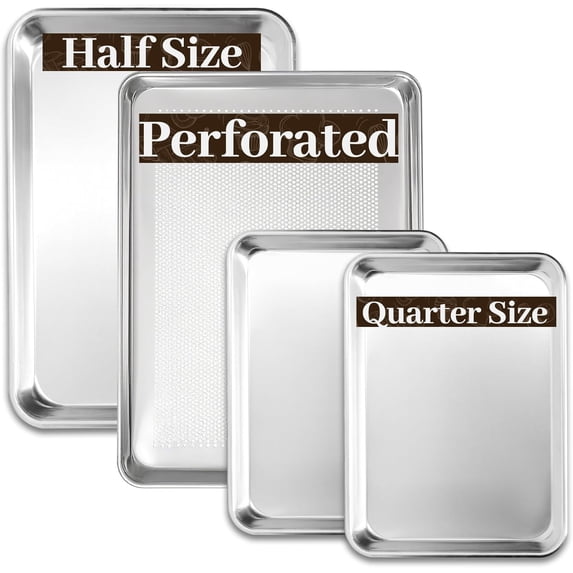 Baking sheet set, 4 pieces, 2 half-size perforated baking sheets and 2 quarter-size, aluminum heavy-duty cookie baking sheets for baking