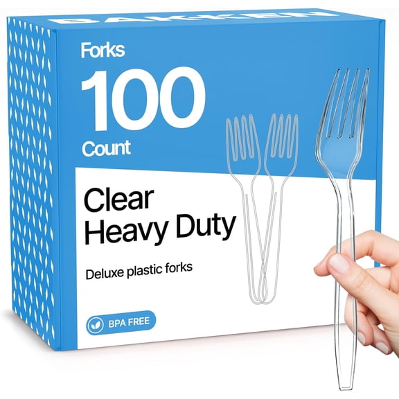 Bakken 100-Piece Heavy Duty Plastic Cutlery Set, Clear Disposable Reusable Forks for Parties & Catering