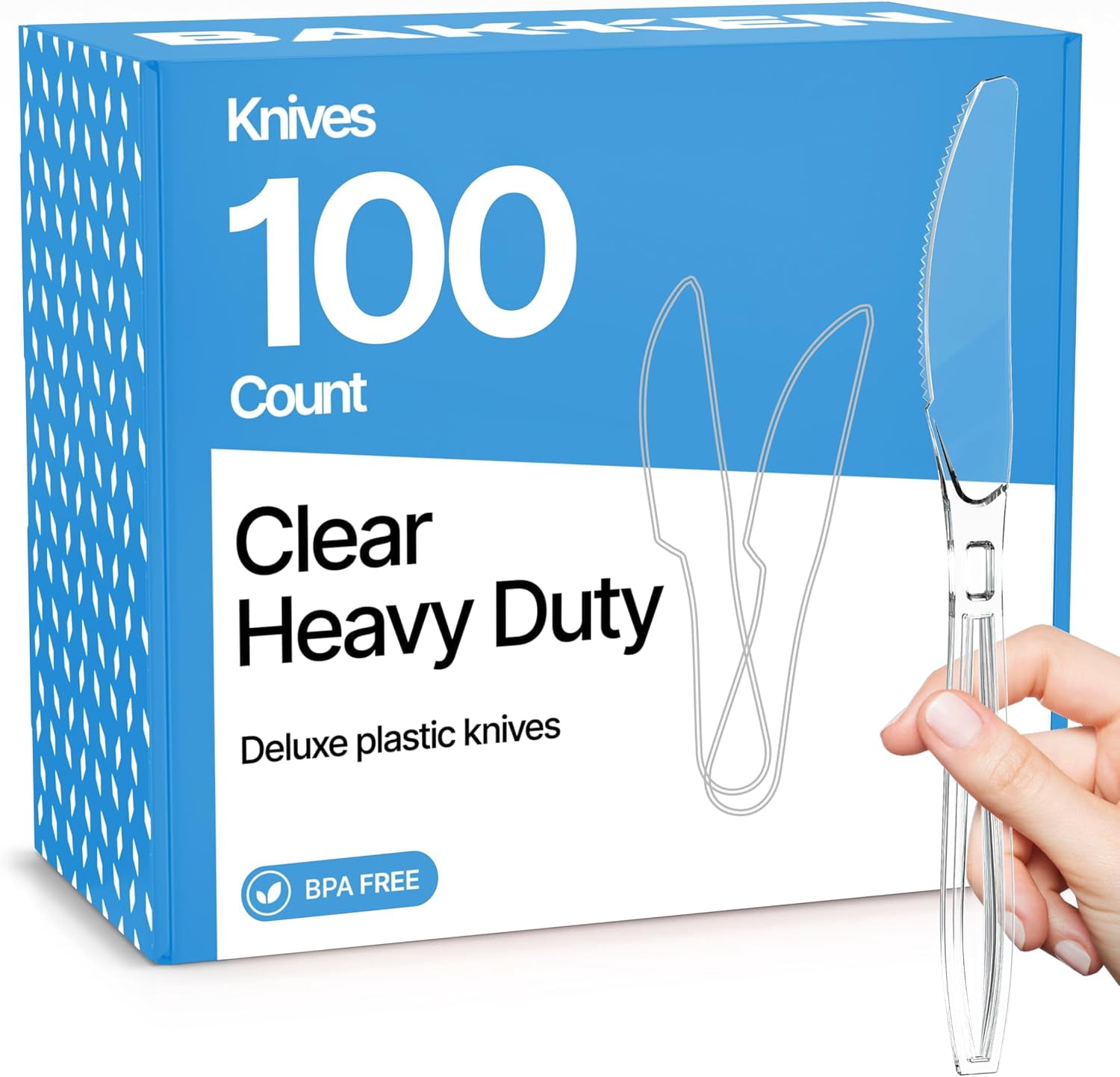 Bakken 100-Piece Knives Heavy Duty Disposable Cutlery Set, Heat-Resistant, Resuable Clear Plastic Utensils